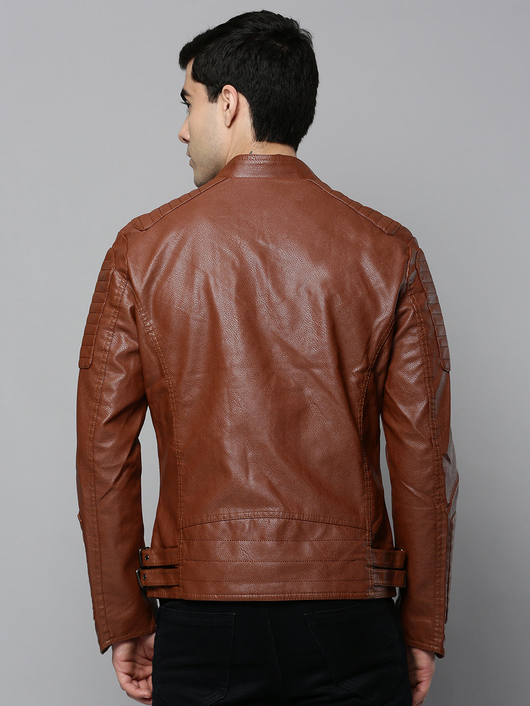 Men Beige Solid Leather Jacket