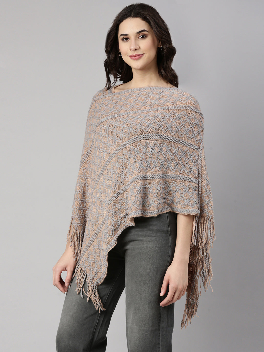 Women Solid Beige Poncho