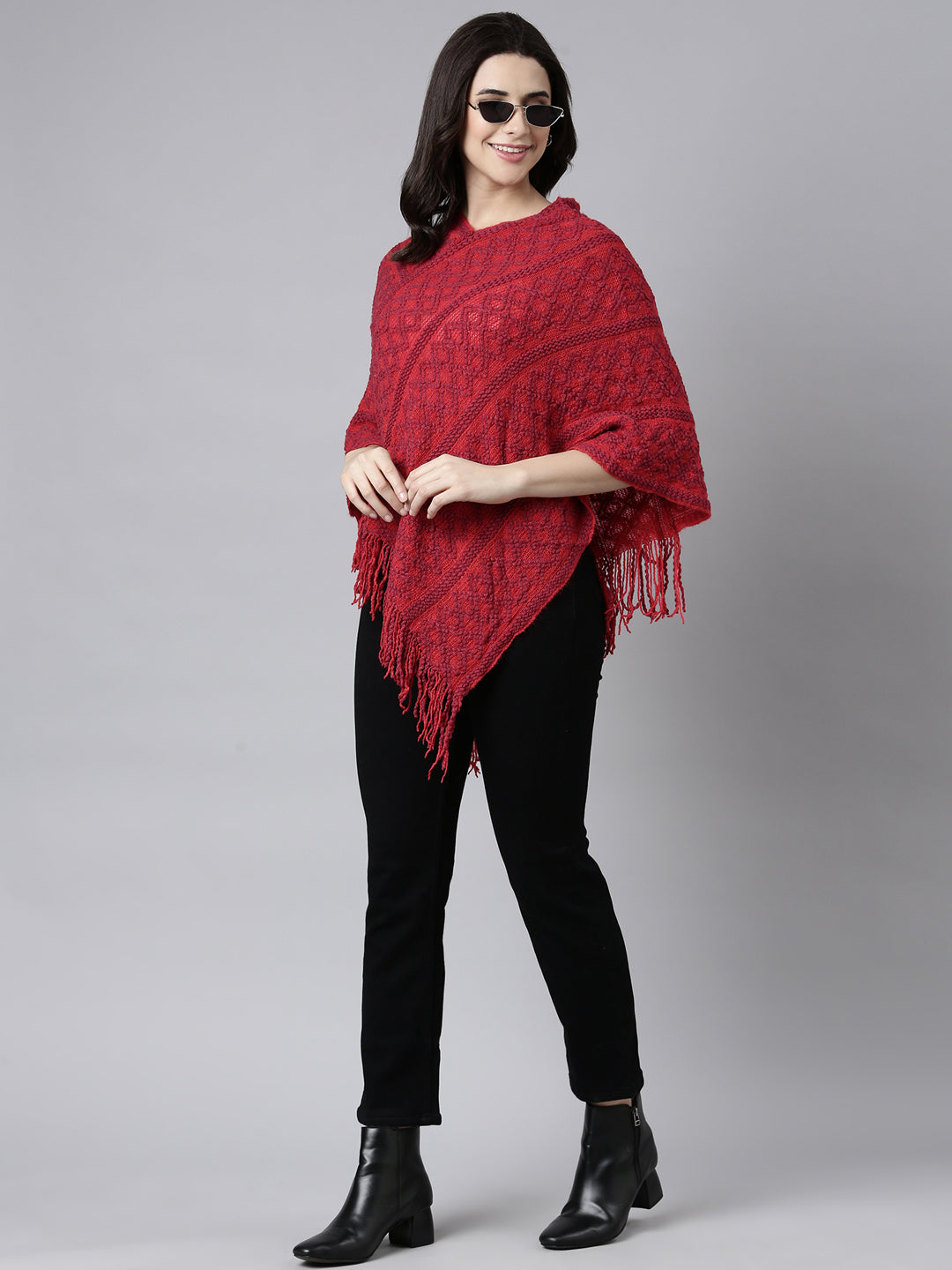 Women Solid Pink Poncho