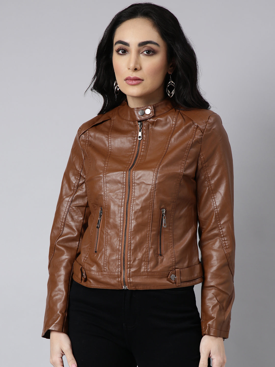 Women Solid Brown Biker Jacket