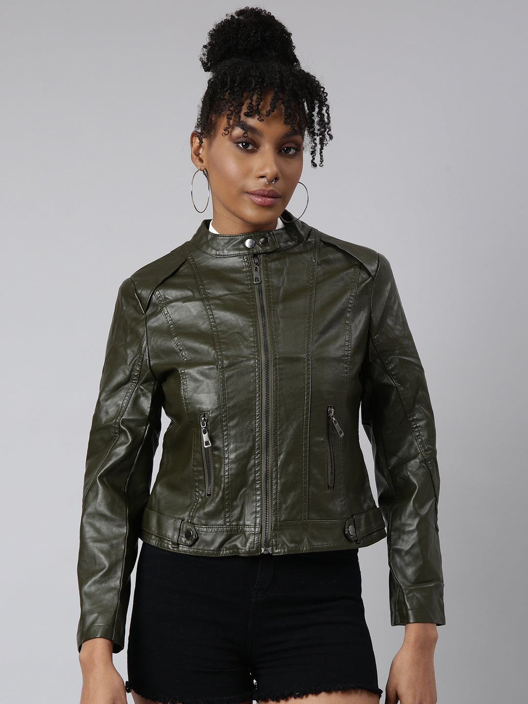 Women Solid Olive Biker Jacket