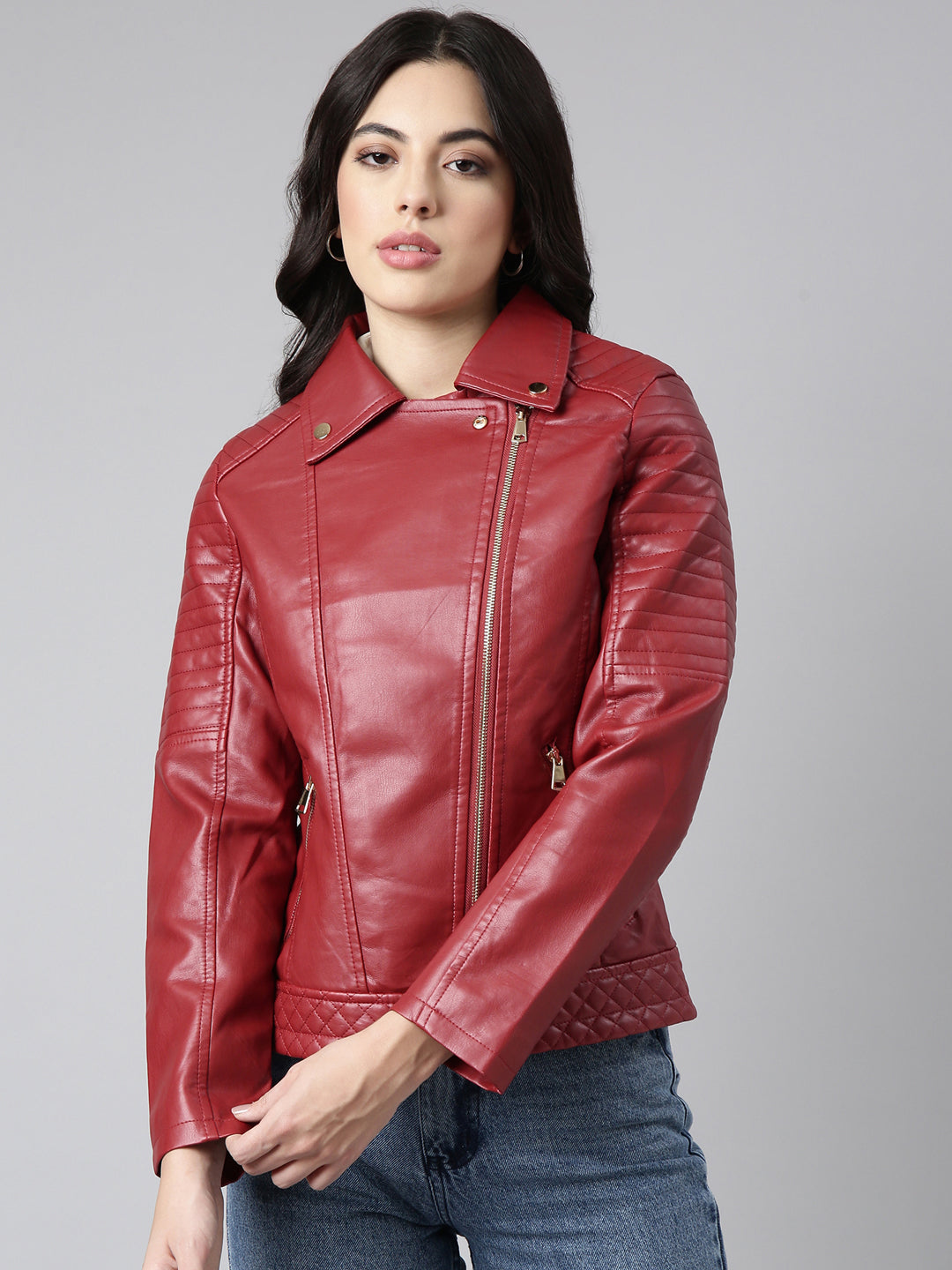 Women Solid Red Biker Jacket