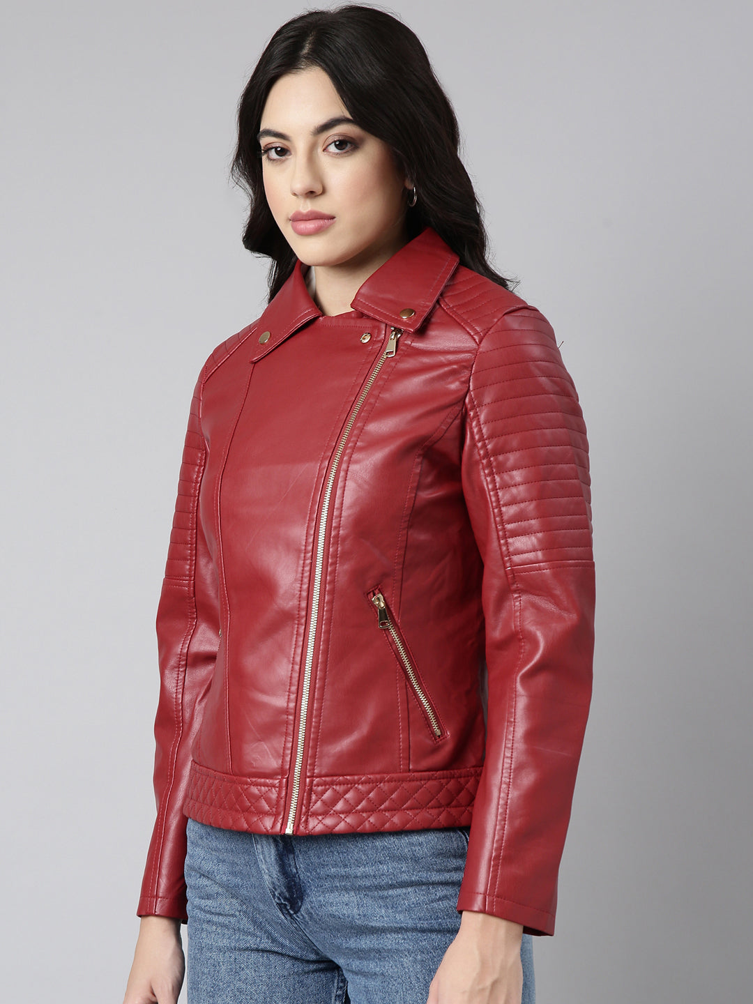 Women Solid Red Biker Jacket