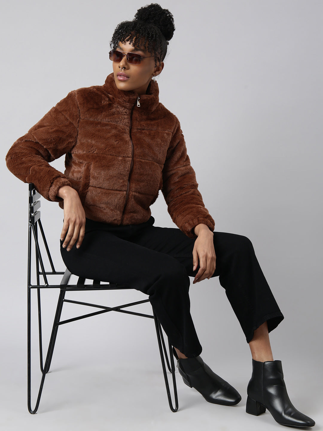 Women Solid Brown Puffer Jacket