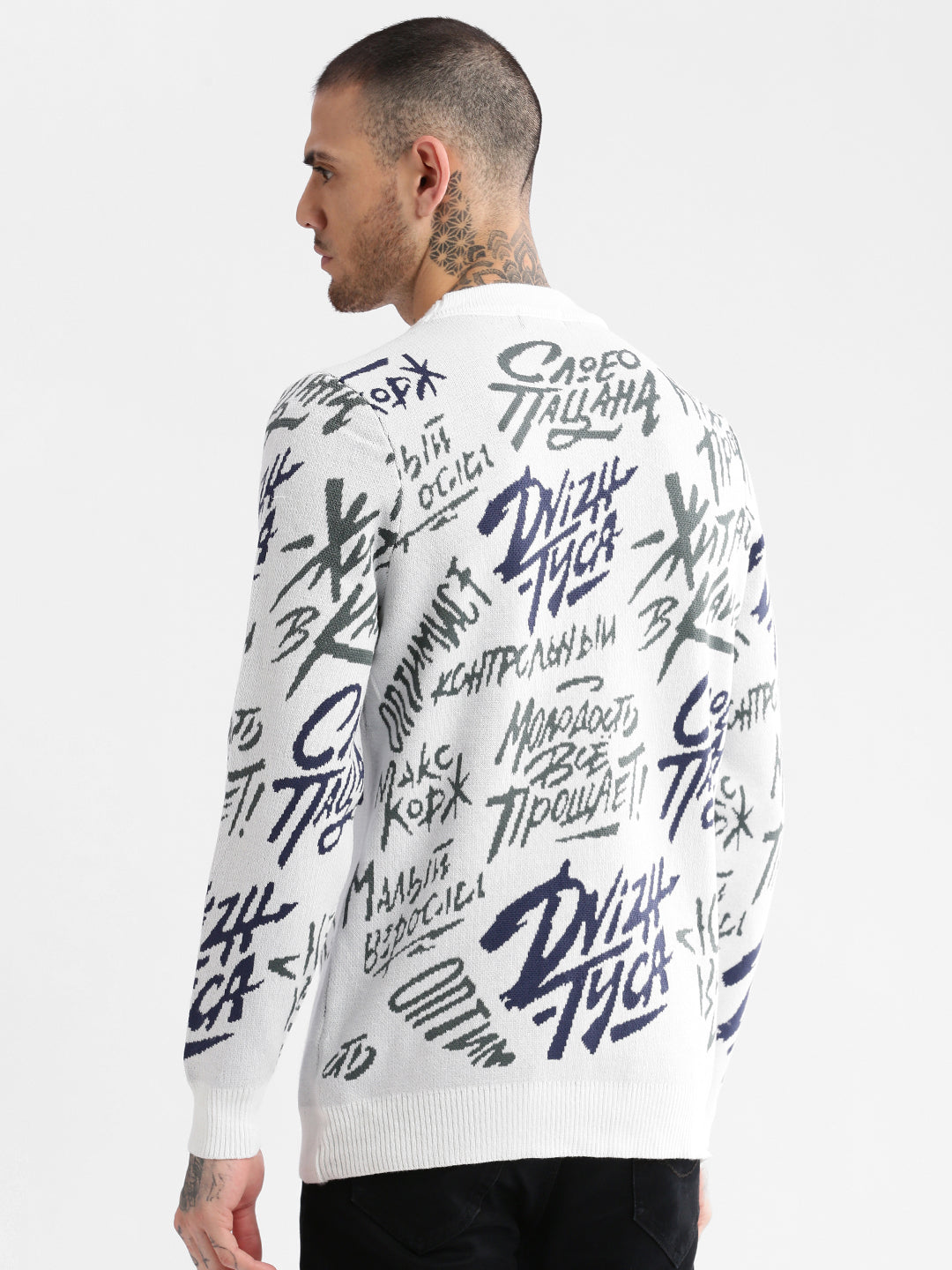Men Round Neck Typography Grey Pullover