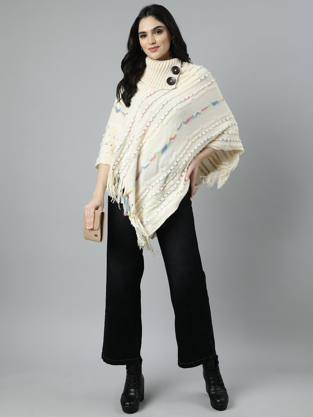 Women Solid Cream Longline Poncho