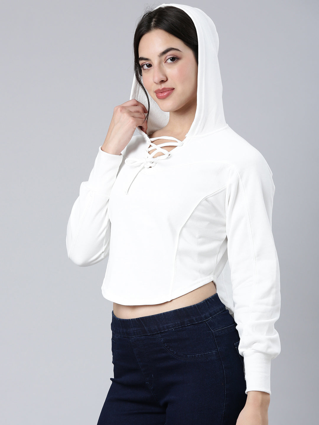 Women Solid White Crop Sweatshirt
