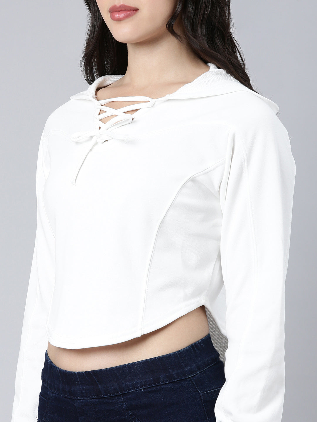 Women Solid White Crop Sweatshirt