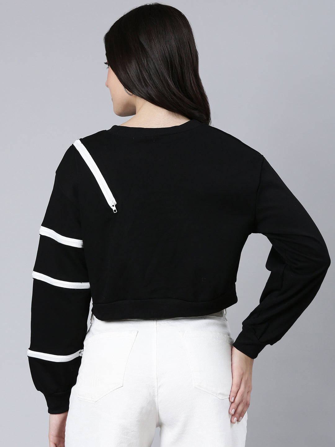 Women Solid Black Crop Sweatshirt