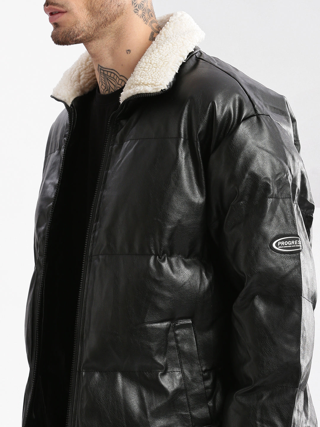 Men Mock Collar Black Solid Puffer Oversized Jacket