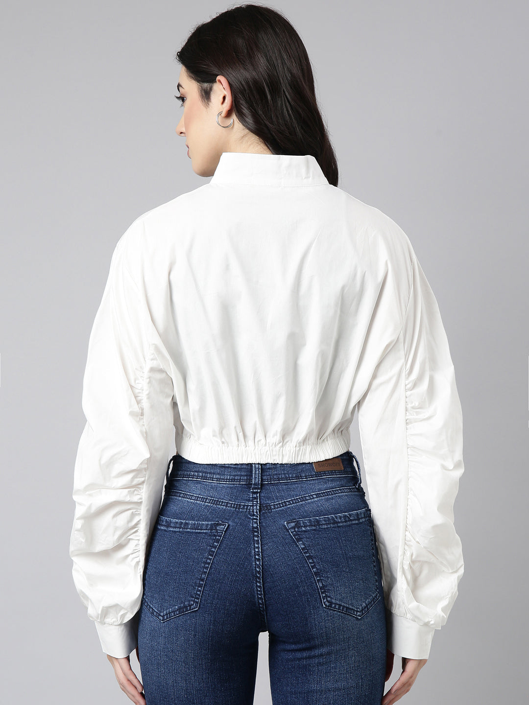 Women Solid White Crop Oversized Drop Shoulder Tailored Jacket