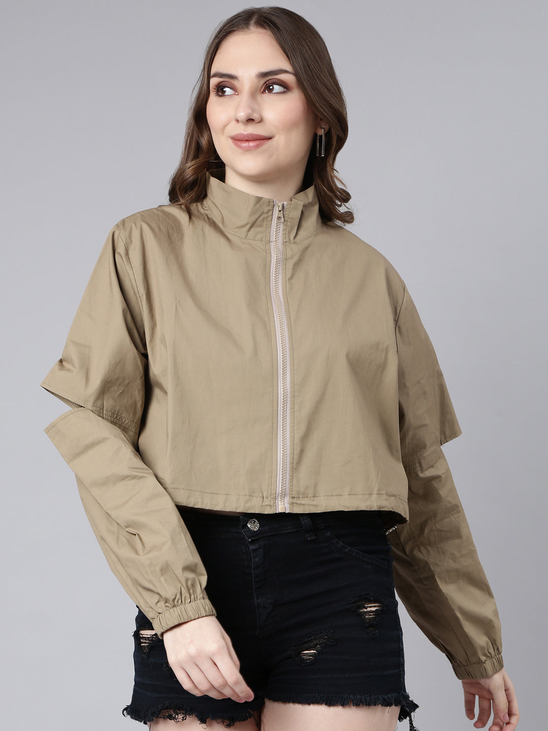 Women Solid Khaki Crop Oversized Drop Shoulder Bomber Jacket