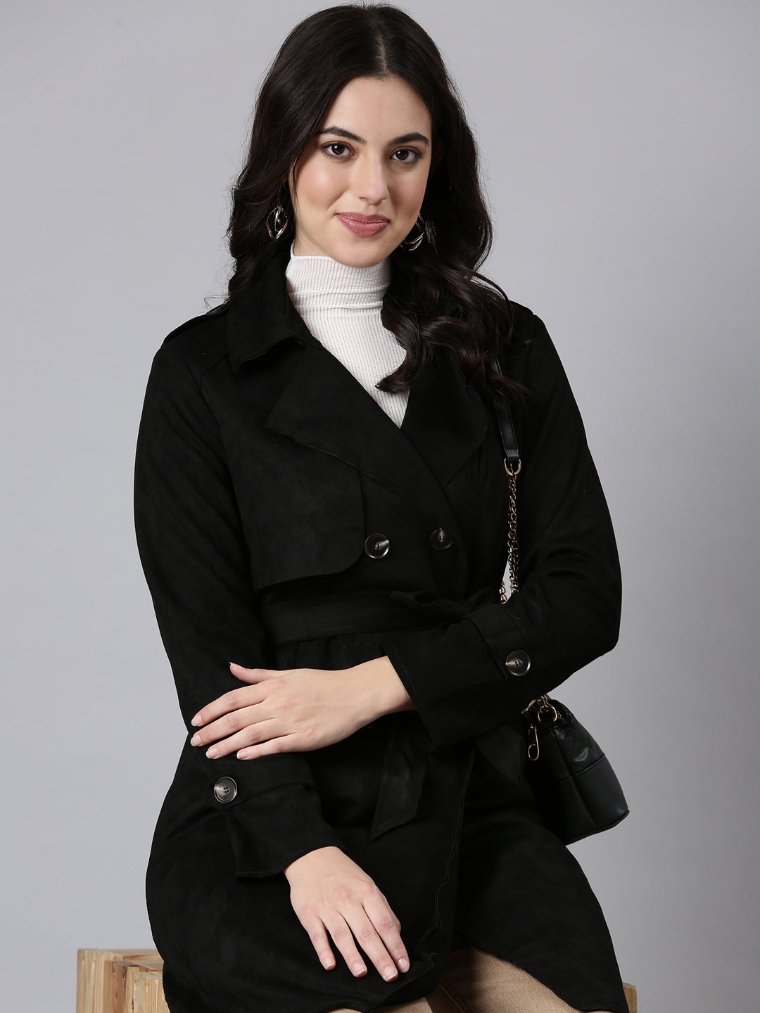 Women Solid Longline Black Trench Coat comes with Belt