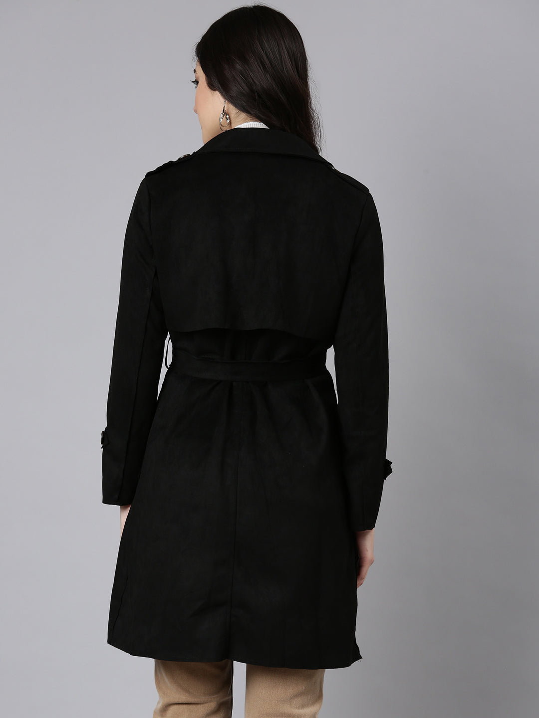 Women Solid Longline Black Trench Coat comes with Belt