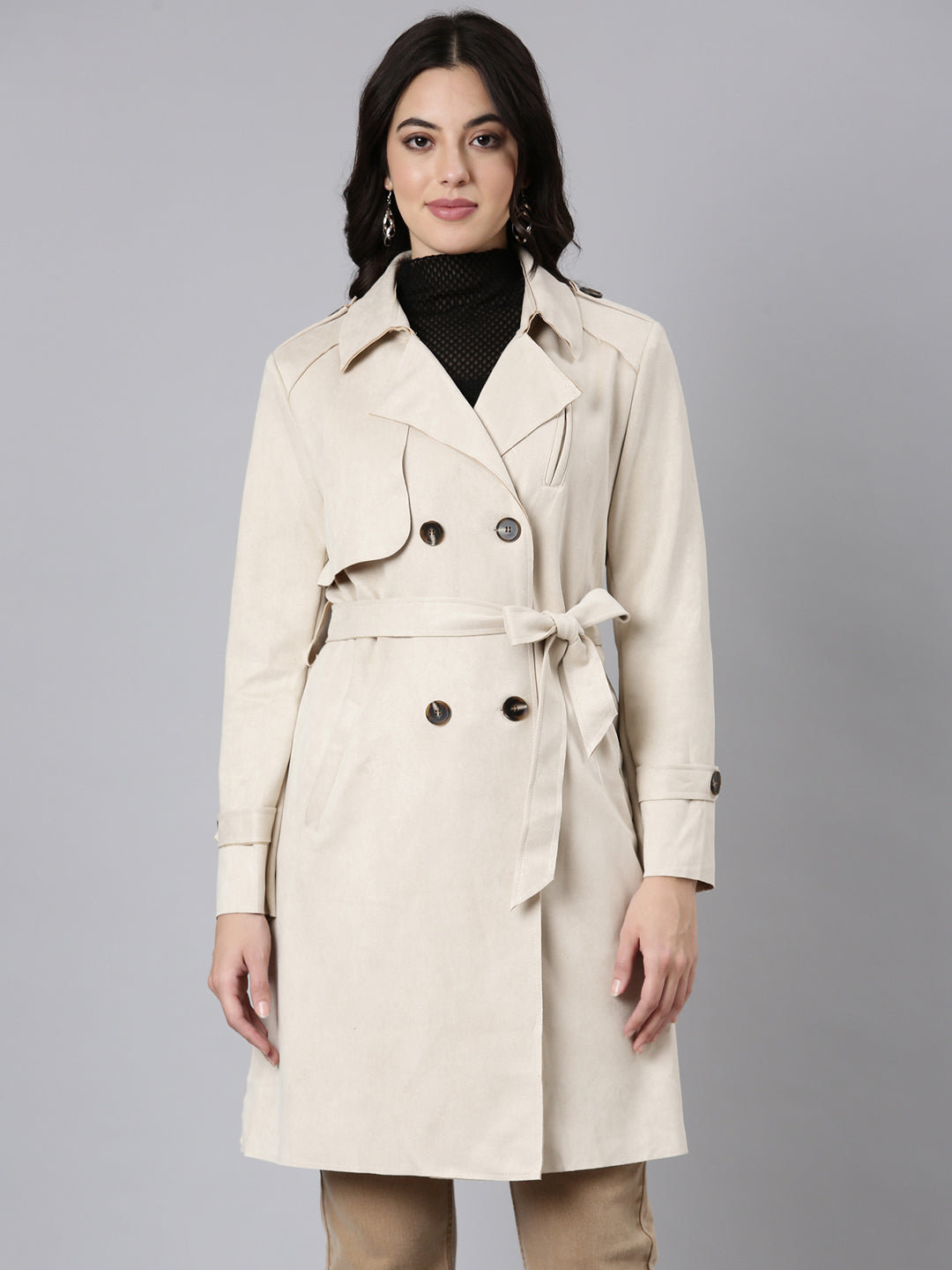 Women Solid Longline Cream Trench Coat comes with Belt