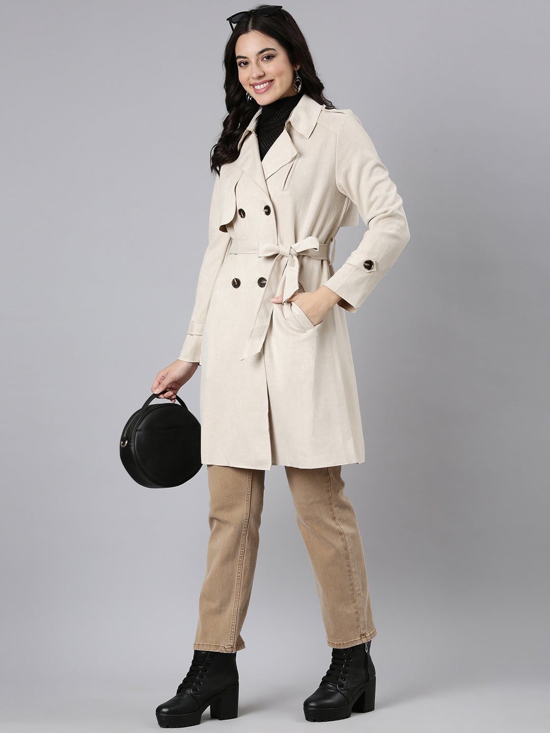 Women Solid Longline Cream Trench Coat comes with Belt