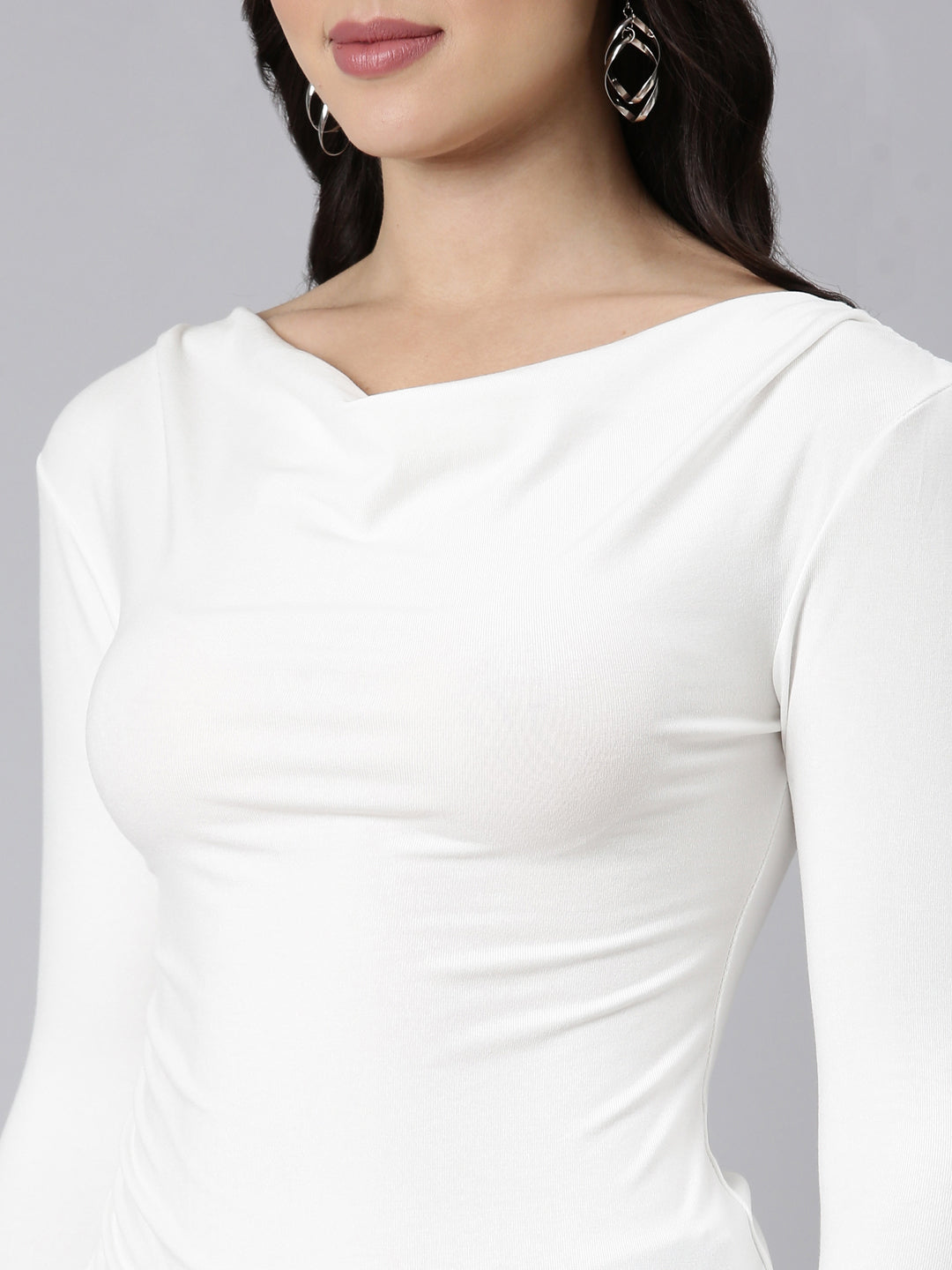 Women Solid White Ruched Top