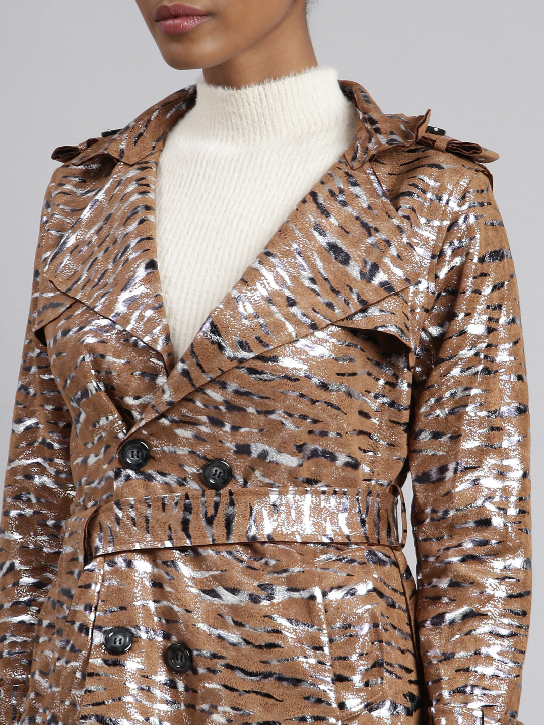 Women Abstract Longline Brown Trench Coat