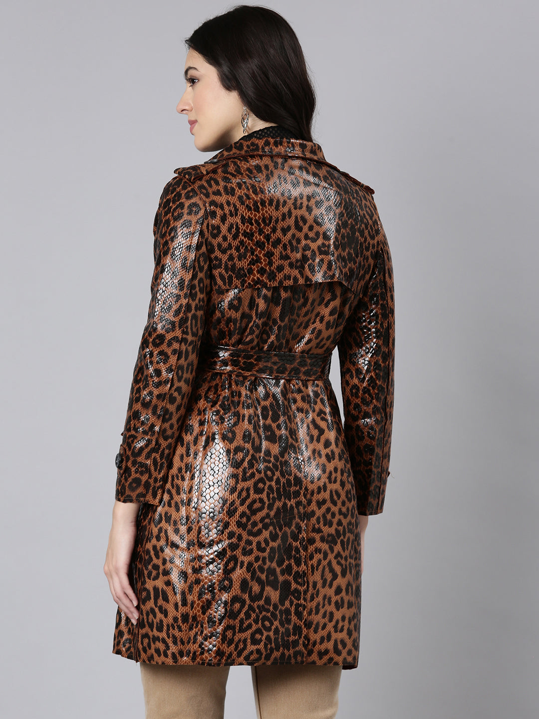 Women Animal Longline Brown Trench Coat comes with Belt