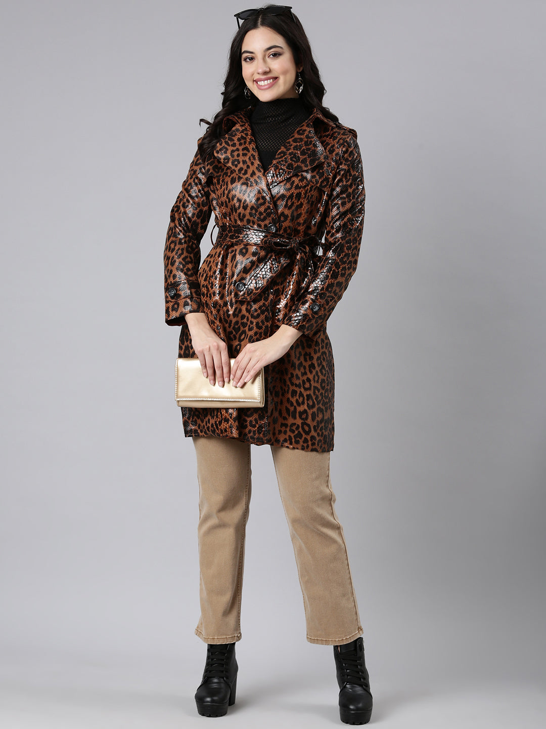Women Animal Longline Brown Trench Coat comes with Belt