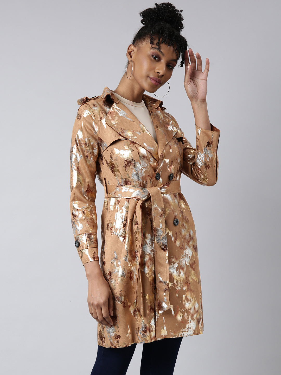 Women Abstract Longline Camel Brown Trench Coat