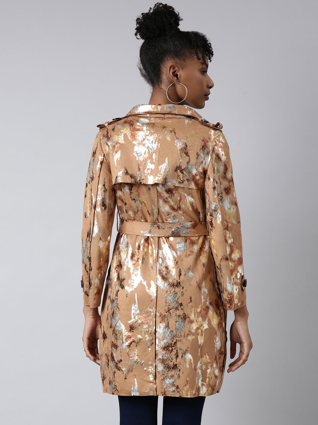 Women Abstract Longline Camel Brown Trench Coat