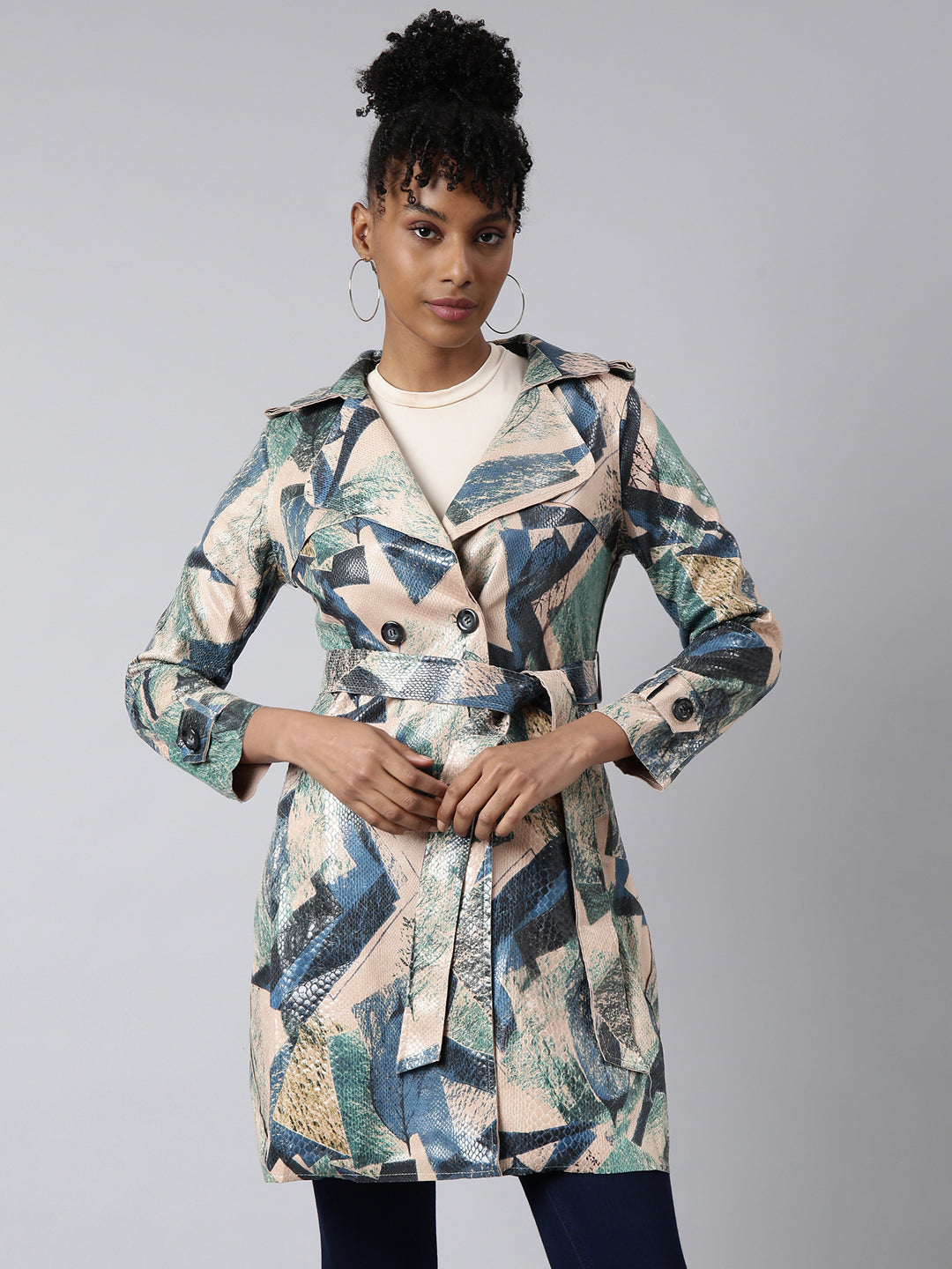 Women Abstract Longline Green Trench Coat