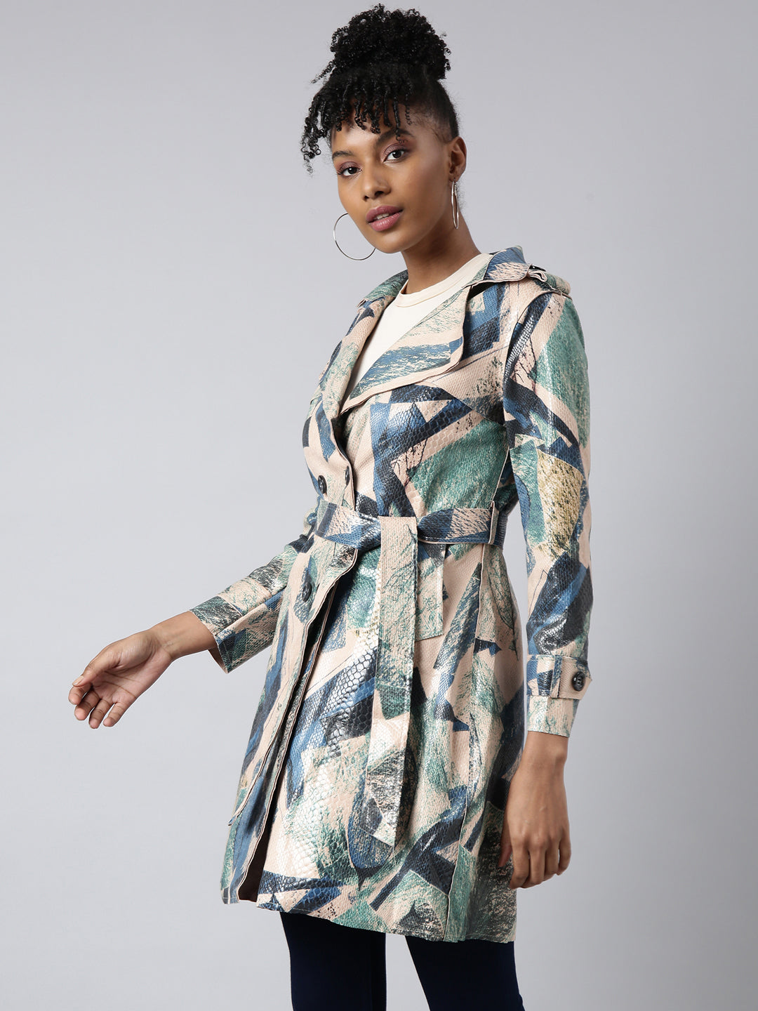 Women Abstract Longline Green Trench Coat