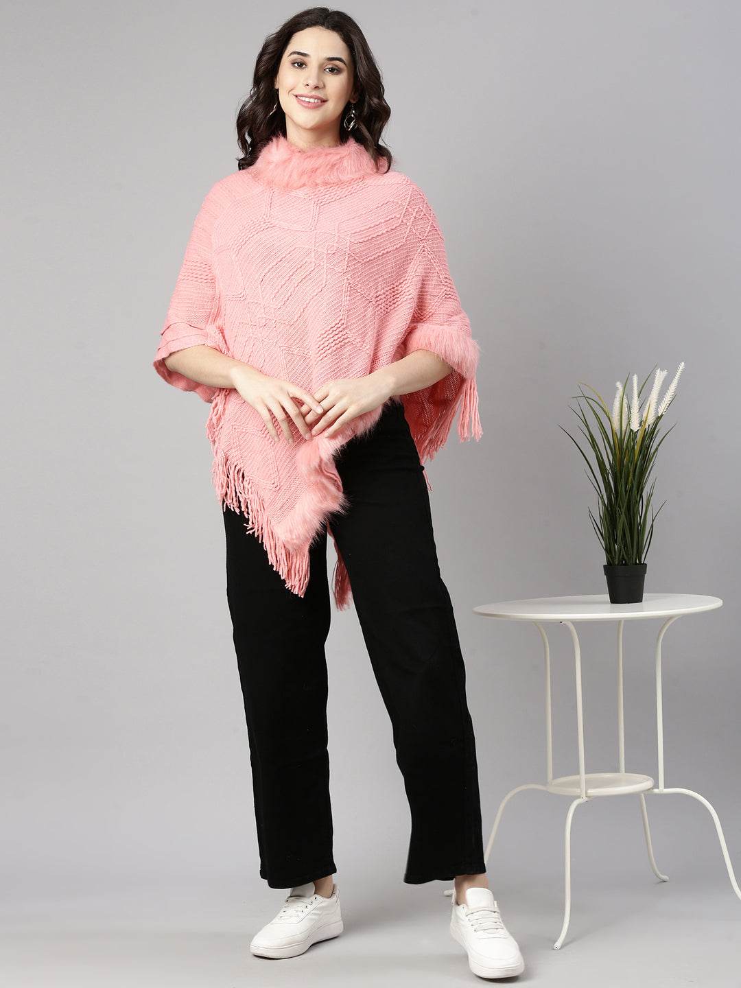 Women Solid Pink Poncho