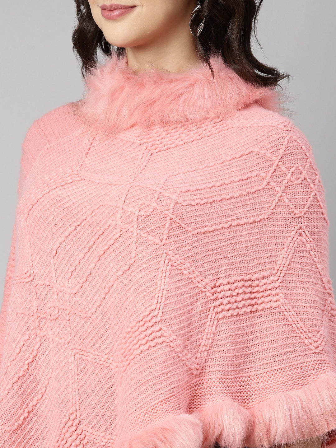 Women Solid Pink Poncho