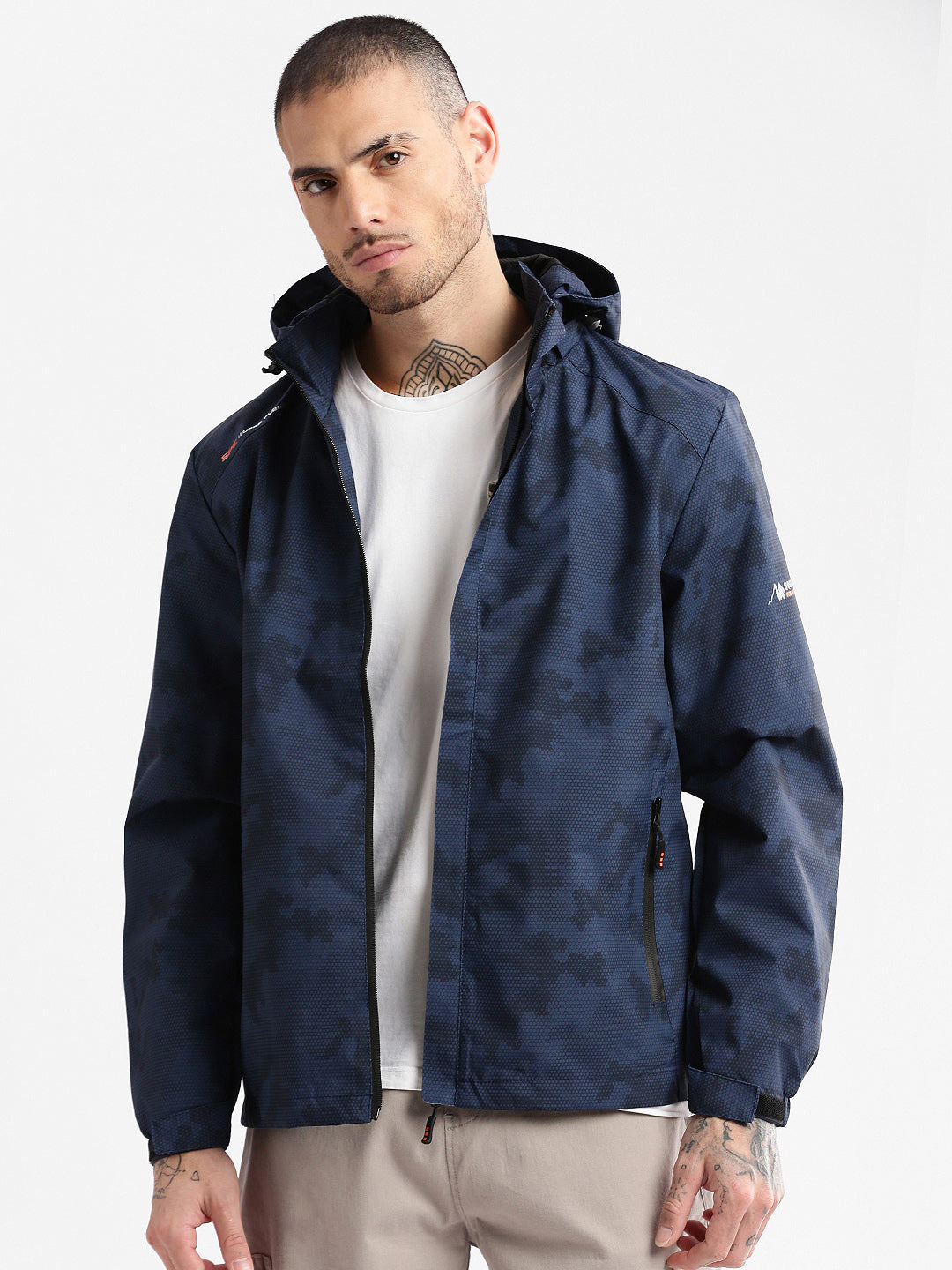 Men Hooded Navy Blue Geometric Tailored Oversized Jacket comes with Detachable Hoodie