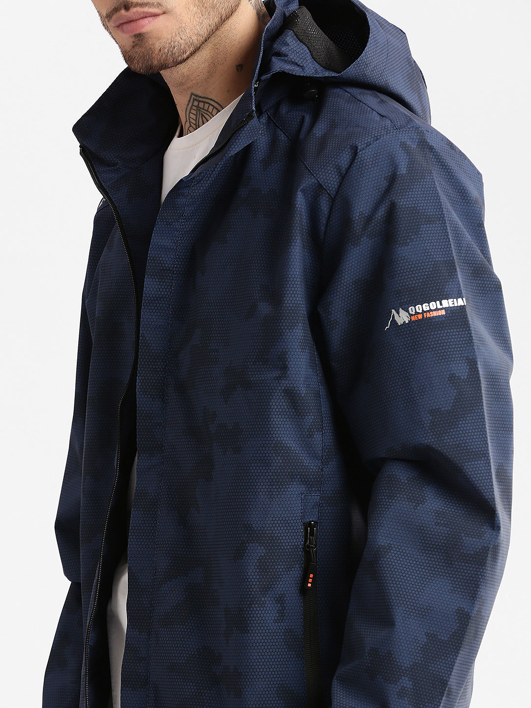 Men Hooded Navy Blue Geometric Tailored Oversized Jacket comes with Detachable Hoodie
