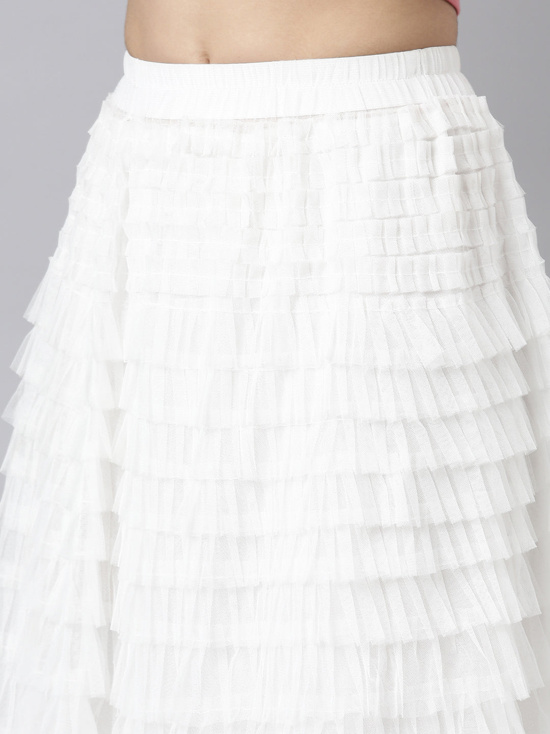 Women Solid White Tiered Midi Skirt