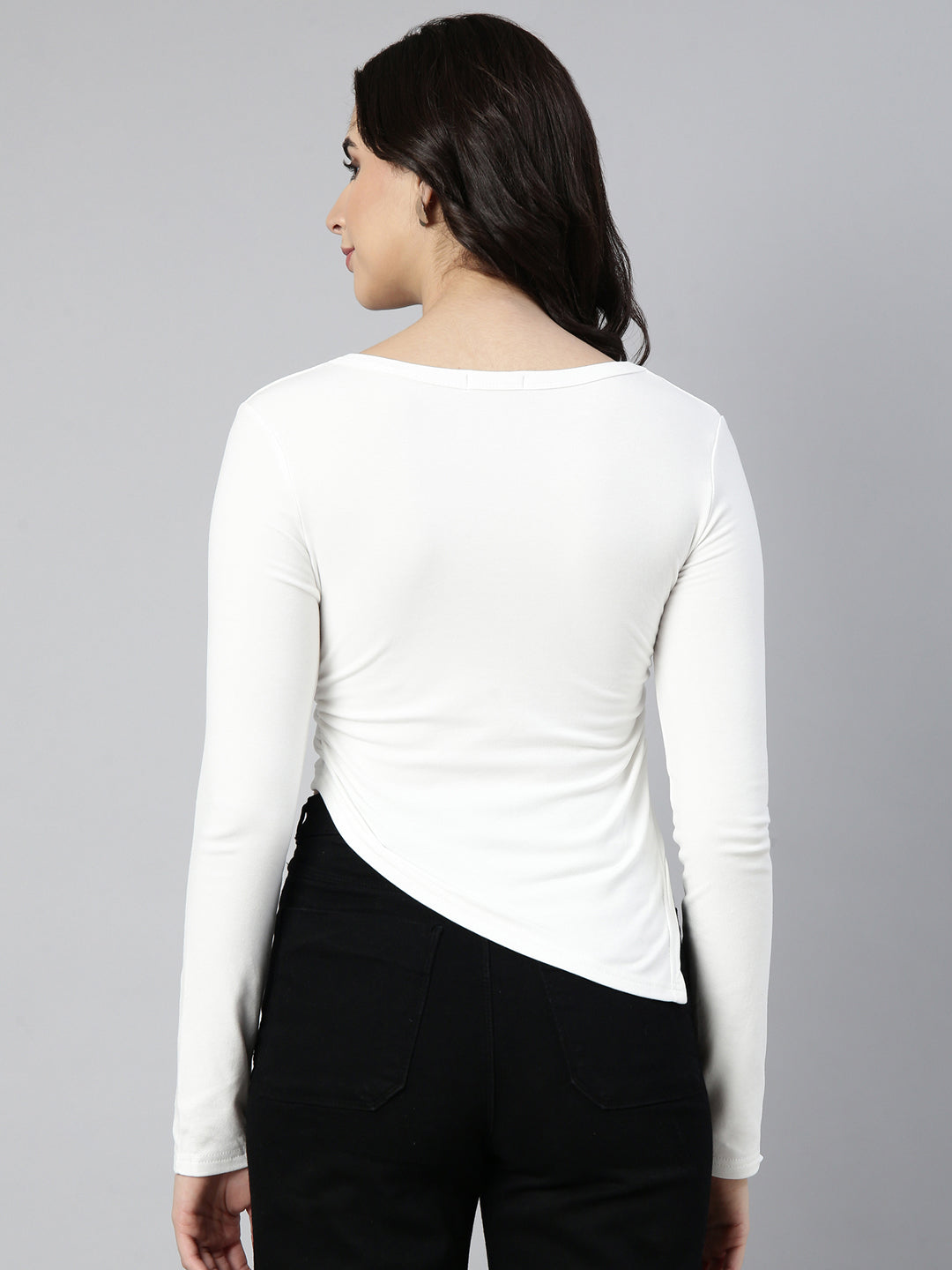 Women Solid White Crop Ruched Top