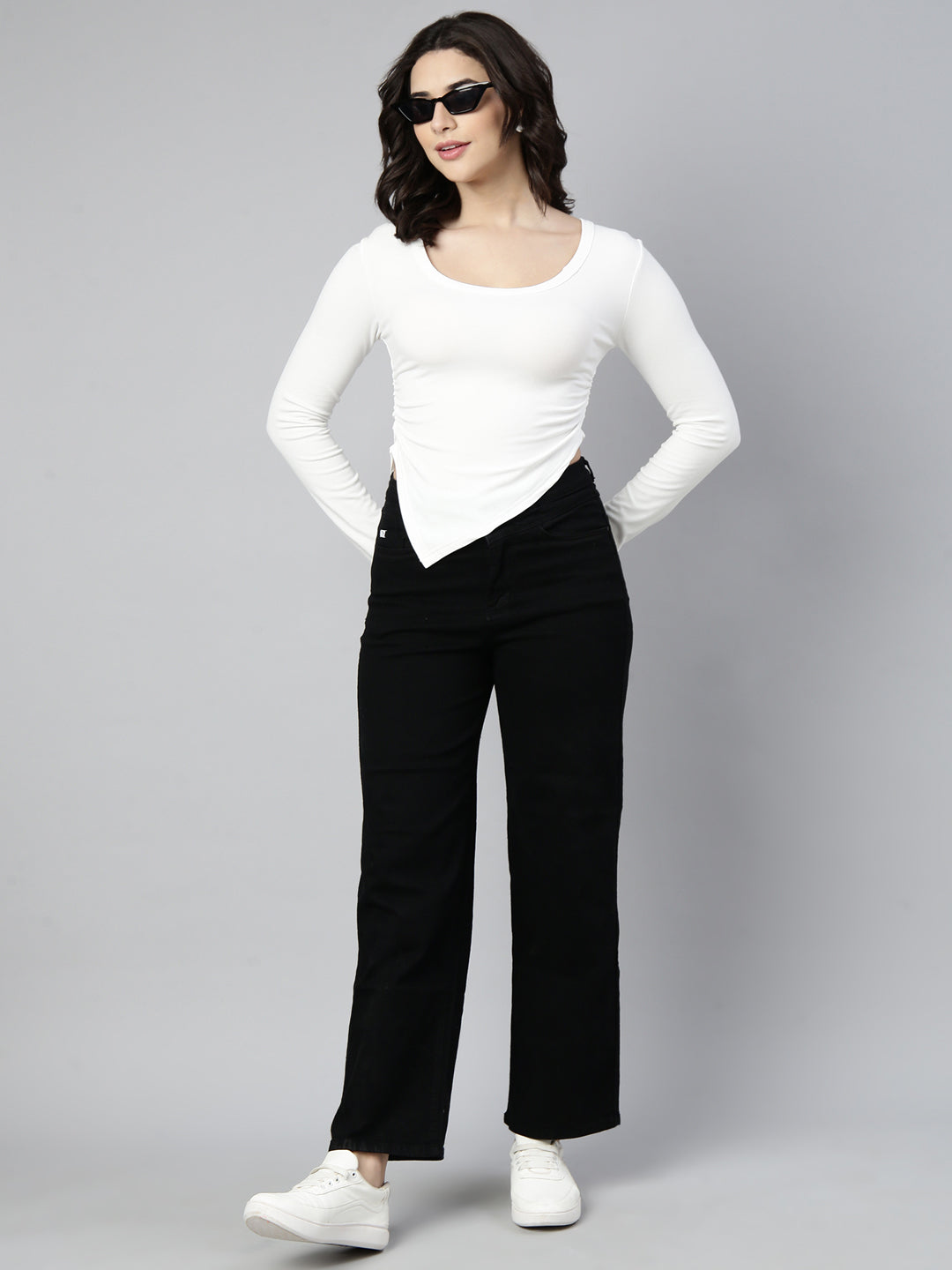 Women Solid White Crop Ruched Top