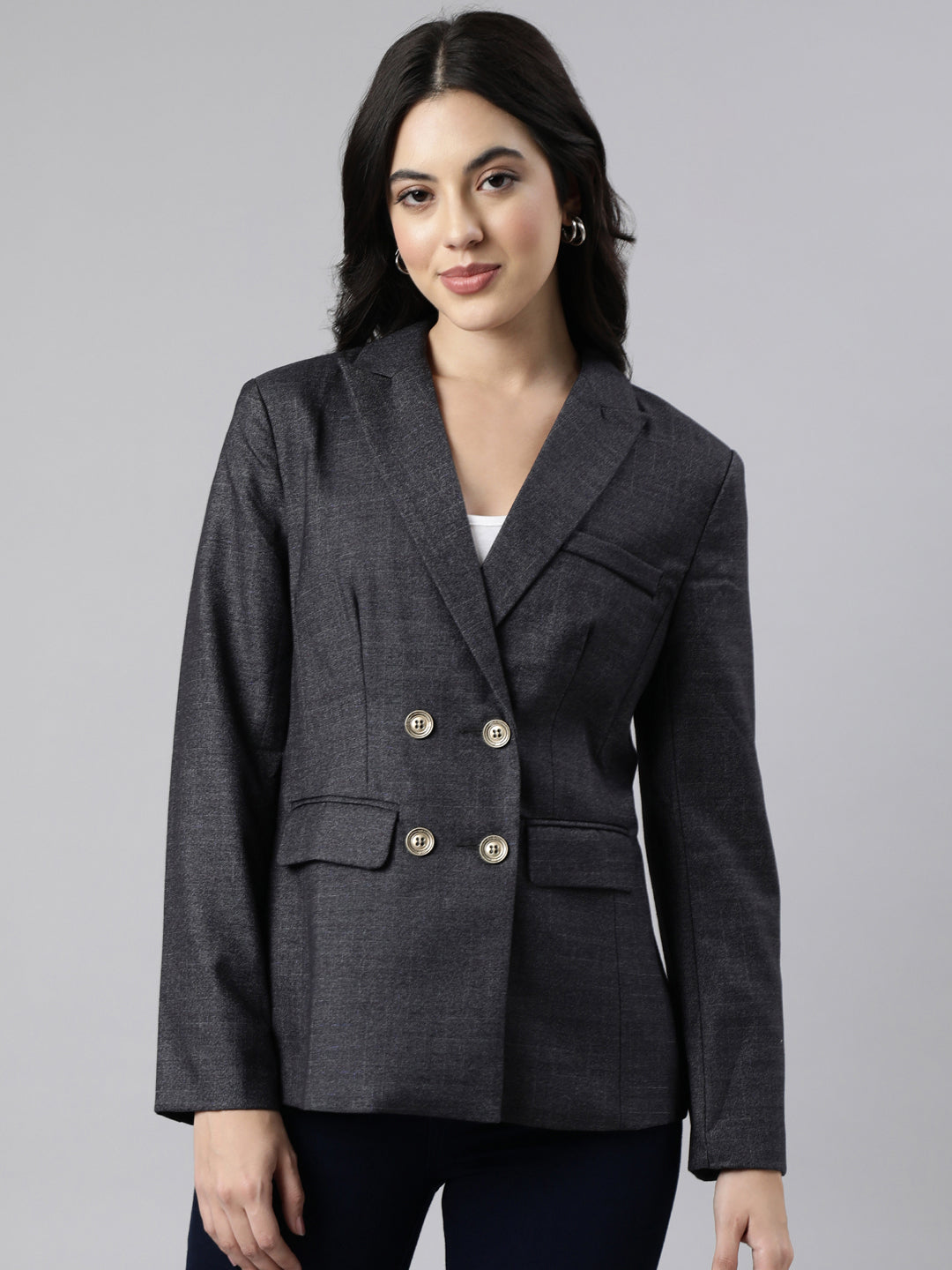 Women Grey Double-Breasted Blazer