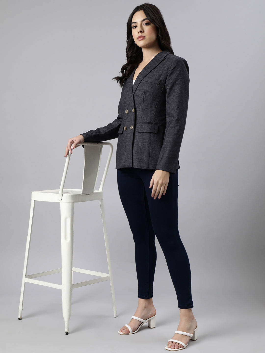 Women Grey Double-Breasted Blazer