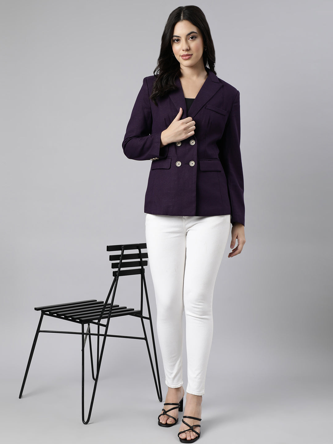 Women Purple Double-Breasted Blazer