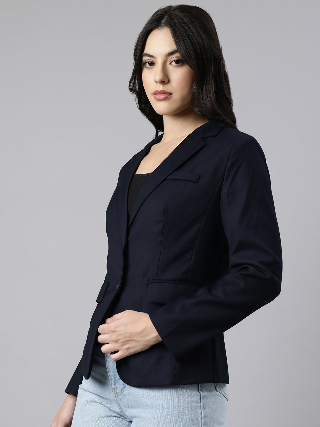 Women Navy Blue Single-Breasted Blazer