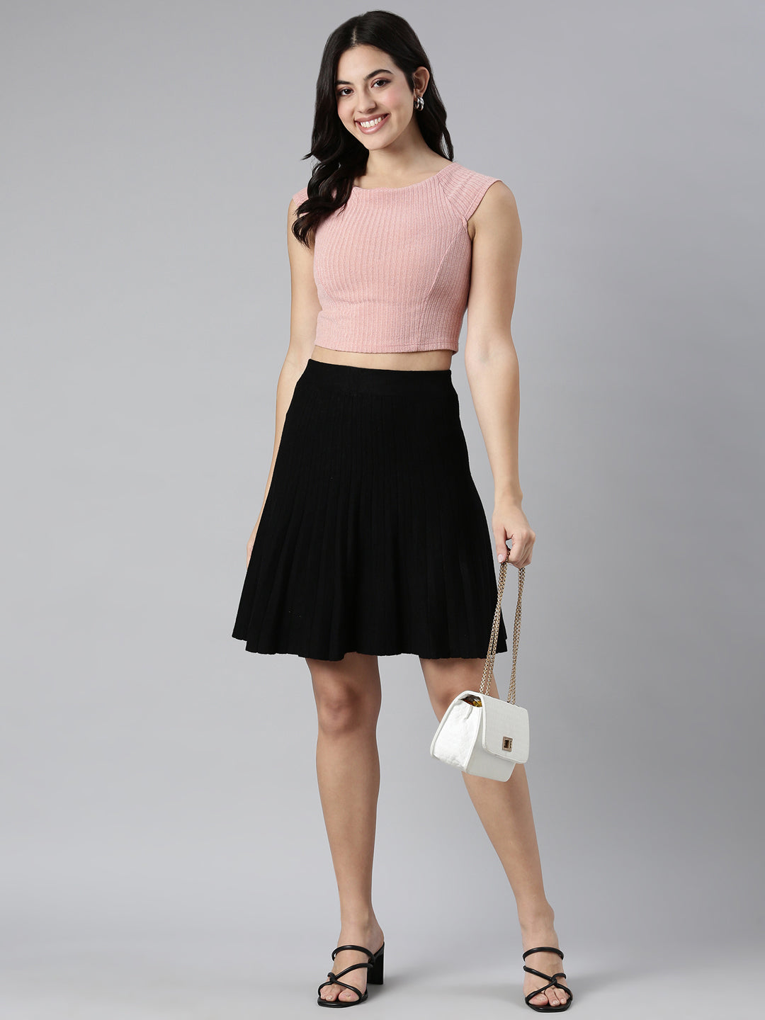 Women Self Design Black Flared Mini Skirt