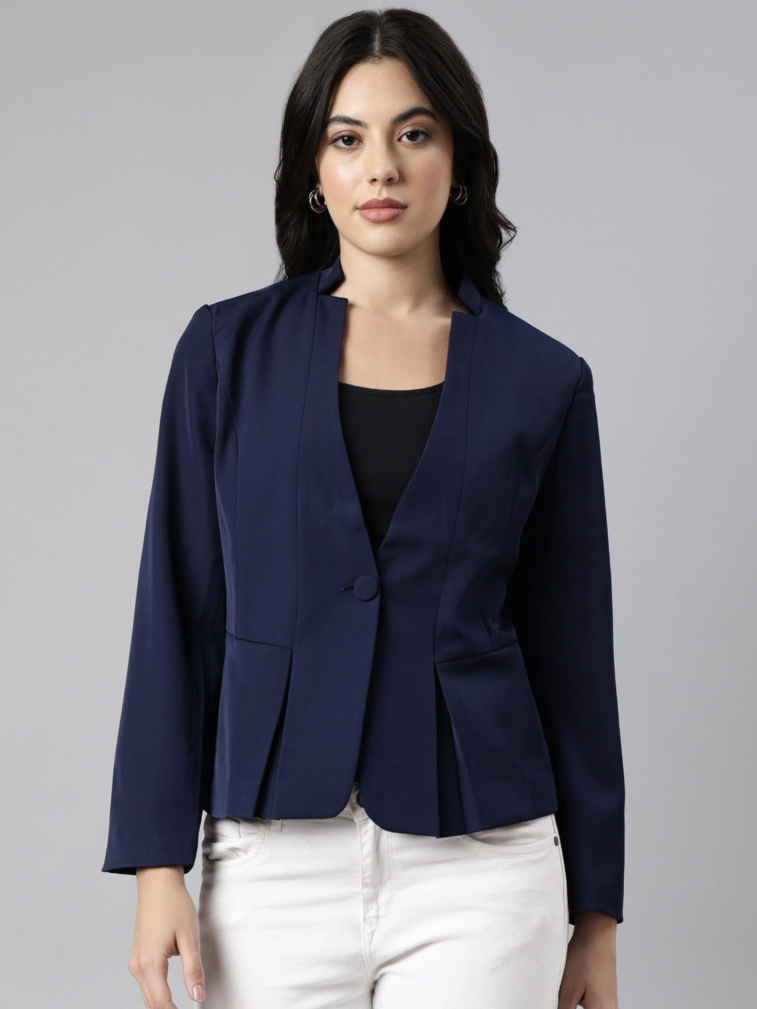 Women Navy Blue Single-Breasted Blazer