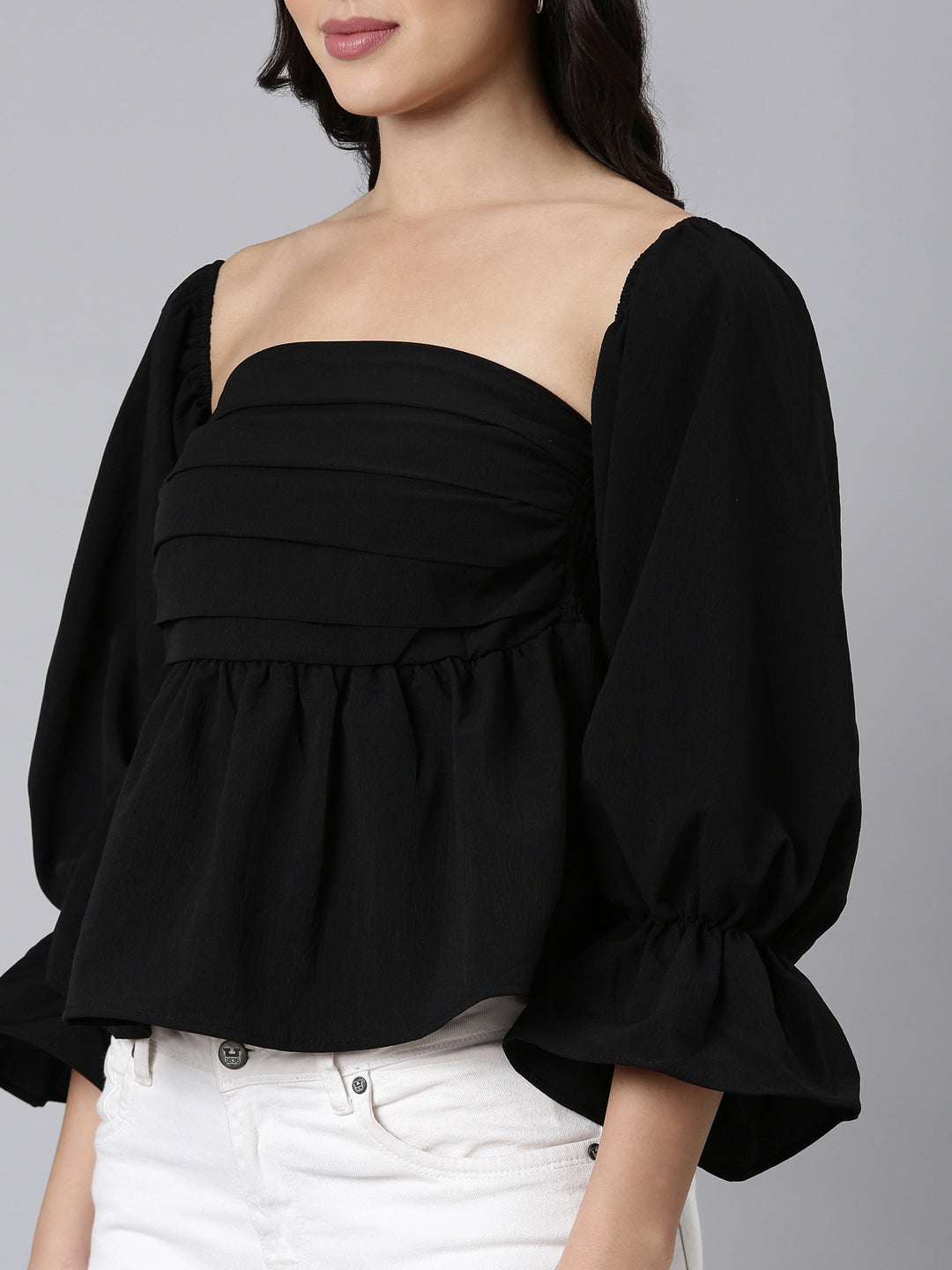 Women Solid Peplum Black Crop Top