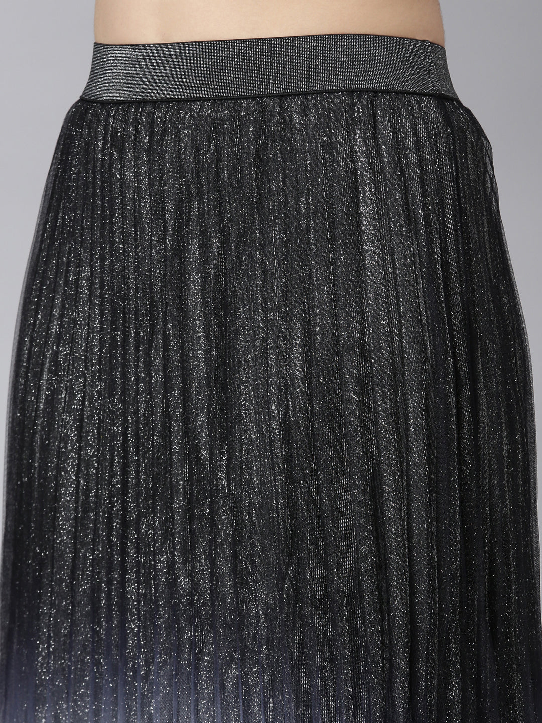 Women Ombre Black Flared Midi Sheer Skirt
