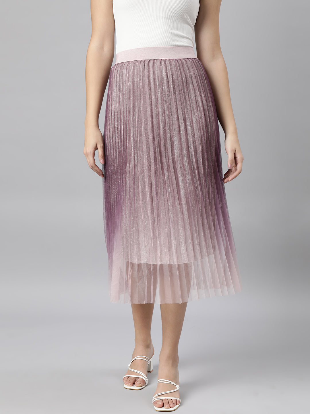 Women Ombre Lavender Flared Midi Sheer Skirt