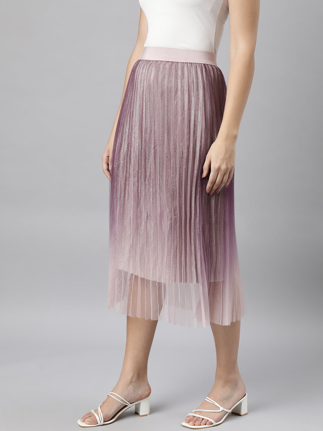 Women Ombre Lavender Flared Midi Sheer Skirt