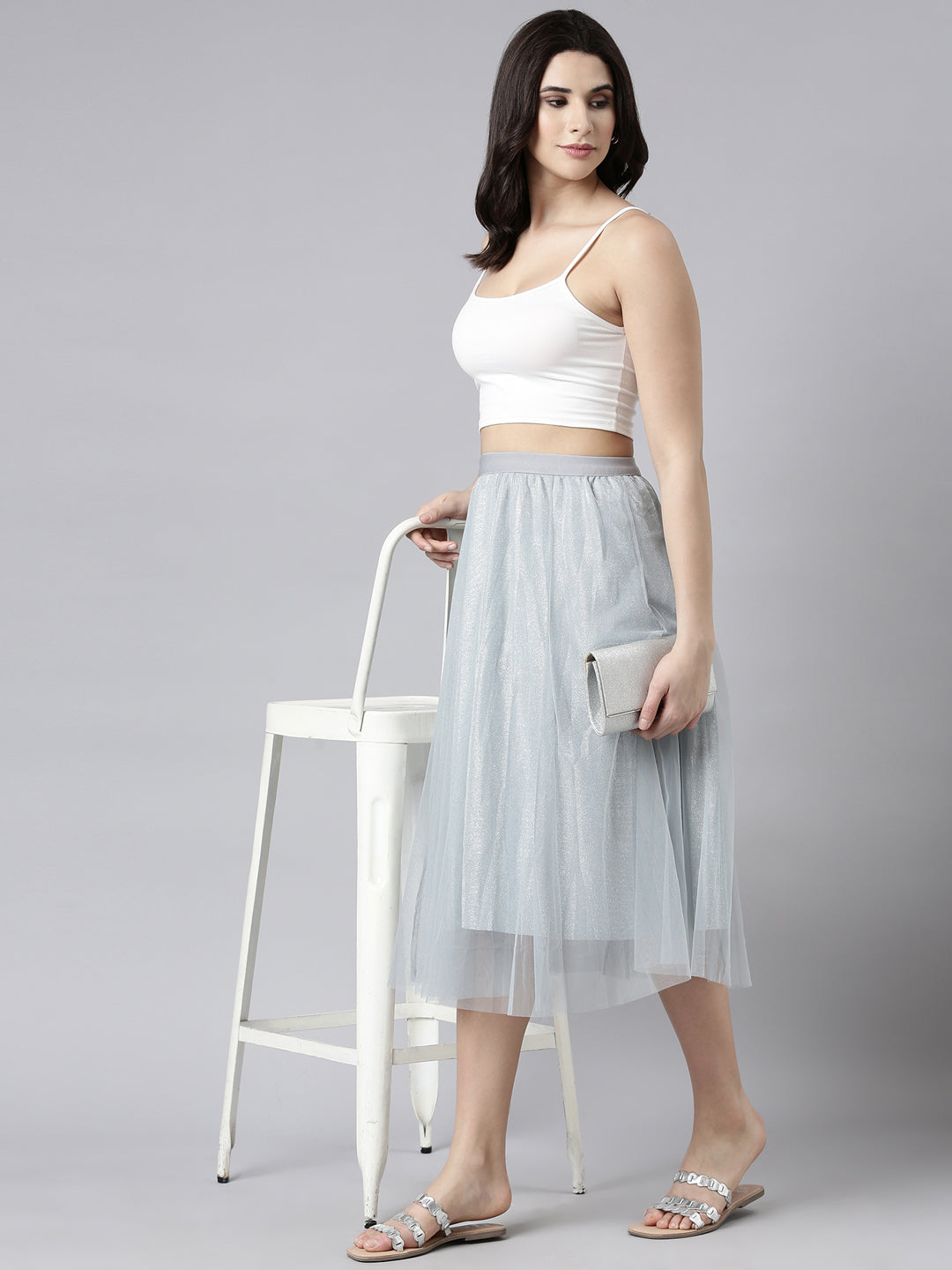 Women Solid Grey Flared Midi Sheer Skirt