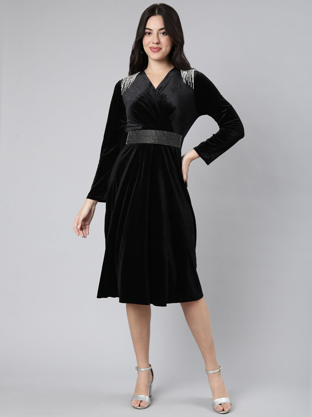 Women Solid Black Fit and Flare Dress comes with Belt