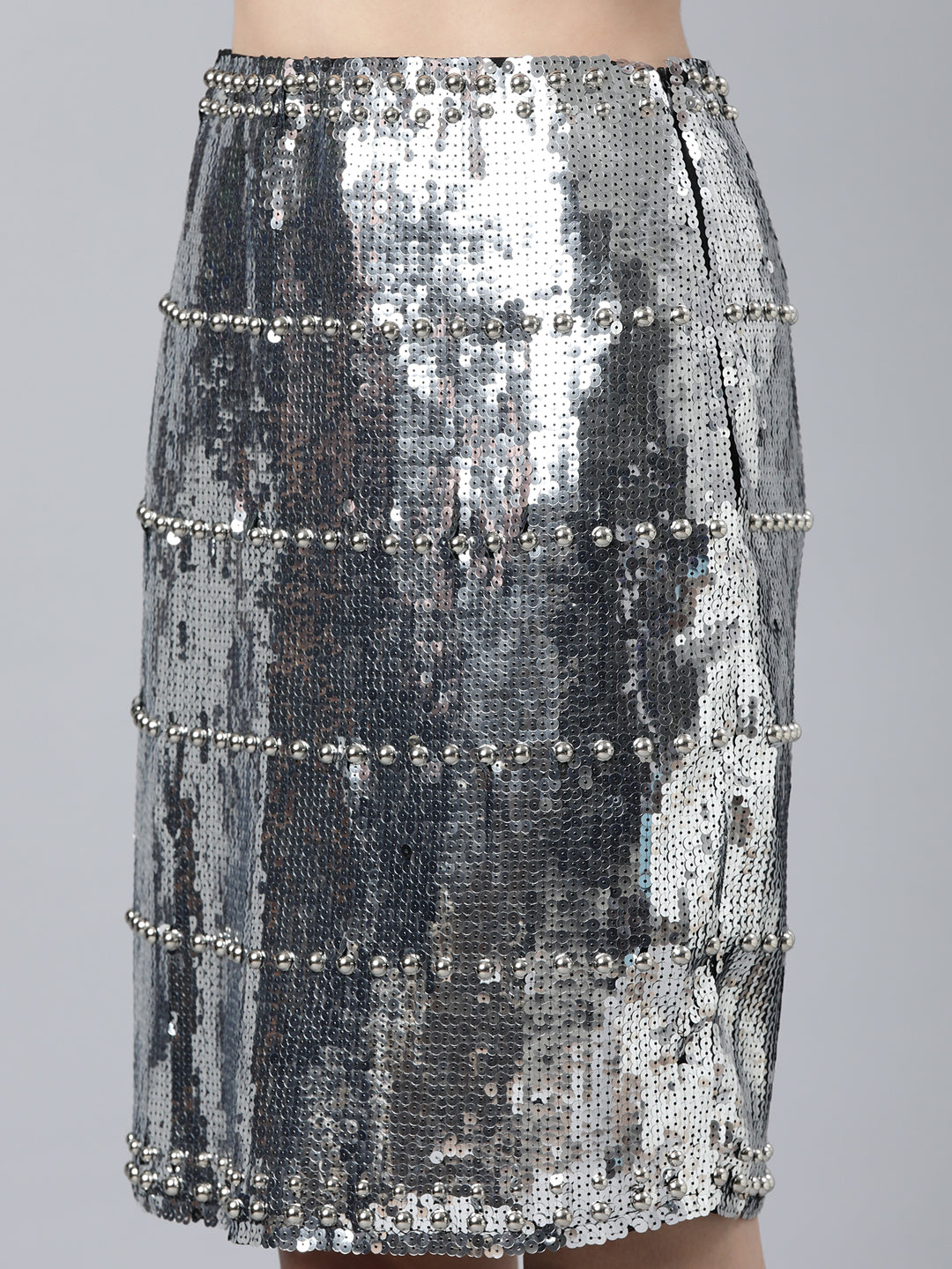 Women Embellished A-Line Silver Above Knee Skirt