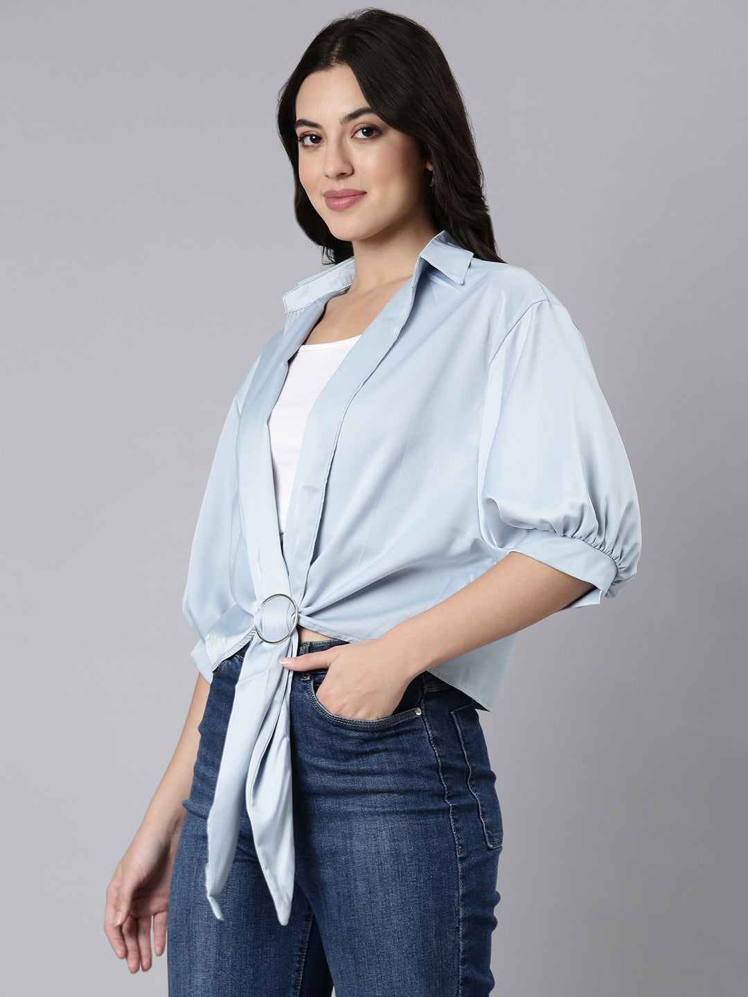 Women Solid Shirt Style Blue Top