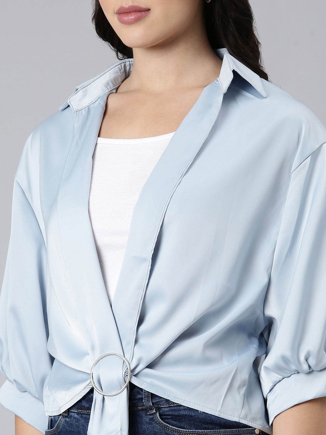 Women Solid Shirt Style Blue Top